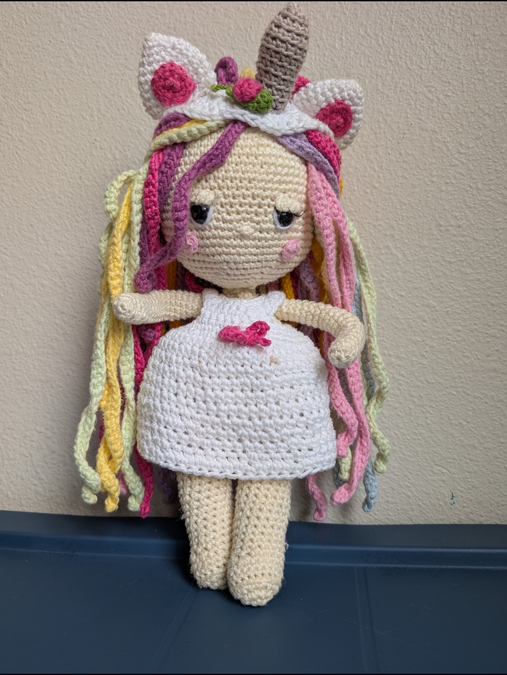 Hand Crafted Crocheted Unicorn Doll with Pastel Rainbow Yarn Hair